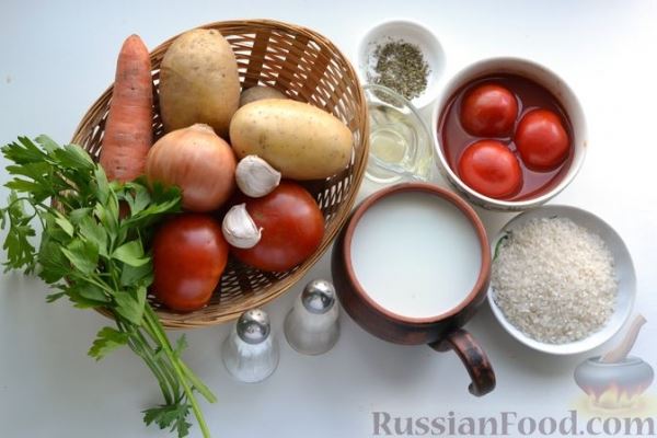 Картофельная запеканка с рисом, помидорами и сливками